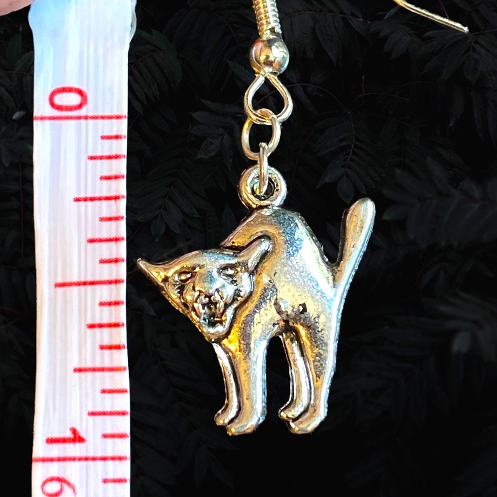Hand Crafted Earrings Halloween Cat Charm Silver Metal Dangle Pierced - Picture 5 of 5